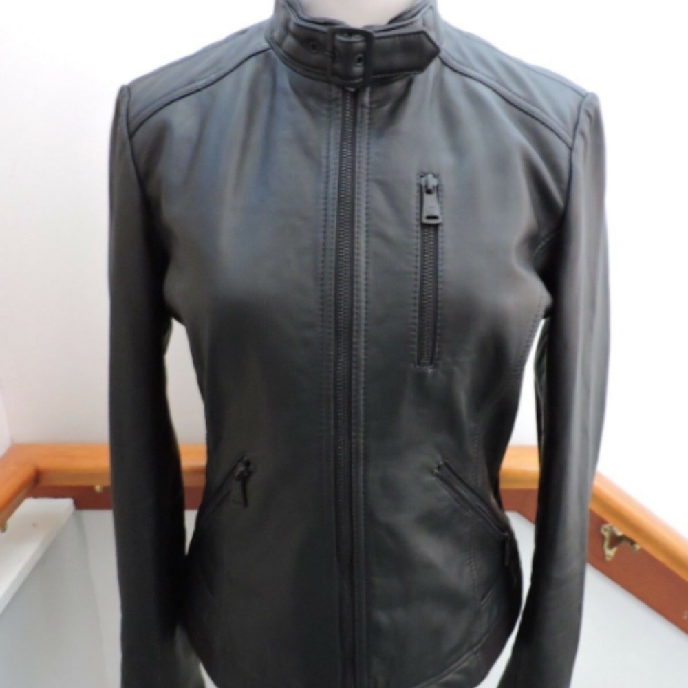 BERNARDO BLACK LEATHER BIKER MOTO JACKET SLIM XS - Picture 2 of 9